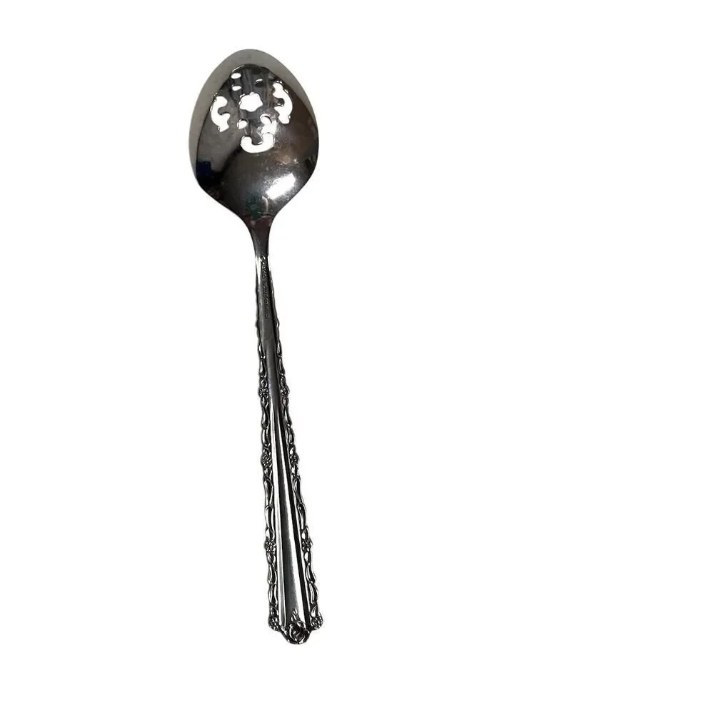 CHERIE by Oneida Vintage Silver Tone Serving Spoon Floral Handle Slotted Spoon